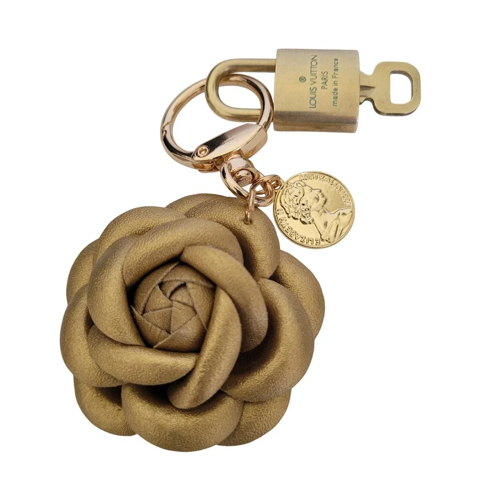 Louis Vuitton Padlock 321 & Gold Leather Camellia Flower Bag Charm Keychain